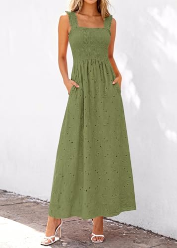Image of KIRUNDO Summer Lace Dress for Women Eyelet Maxi Sundress | Boho Sleeveless Cotton Flowy Long Dresses, Wedding Guest, Beach Vacation, Baby Shower Guest Dress, Smocked Bust, With Pockets