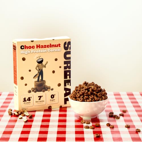 Surreal Choc Hazelnut - High Protein Cereal - Zero Sugar- Healthy Plant Based Cereal - High in Fibre - Low Carb - Gluten Free - Vegan - 14g of Protein, 0g of Sugar - 240g per Box - 4 Pack
