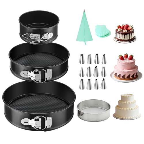 BELICOO Cake Tins Set 3Pcs(4/7/9) Cake Tins for Baking Non-Stick Carbon Steel Baking Tray Set & Flour Sieve with 12 Pcs Piping Nozzles Piping Bags Insulated Gloves