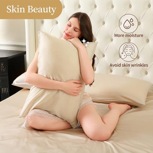 2 Pack Mulberry Silk Pillow Cases Standard Size with Hidden Zipper, Ultra Smooth and Soft Breathable Cooling Silk Satin Pillowcase for Hair and Skin, Gifts for Women Men(Champagne Gold,Standard) - image 2