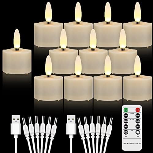 MIXALY 12 PCS Rechargeable Flameless Flickering Tealight Candles with Remote/Timer and 2 USB Charging Cables, Battery Operated 3D Wick LED Decorative Candle Light Ideal for Daily/Holiday Decor