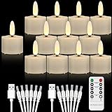 MIXALY 12 PCS Rechargeable Flameless Flickering Tealight Candles with Remote/Timer and 2 USB Charging Cables, Battery Operated 3D Wick LED Decorative Candle Light Ideal for Daily/Holiday Decor