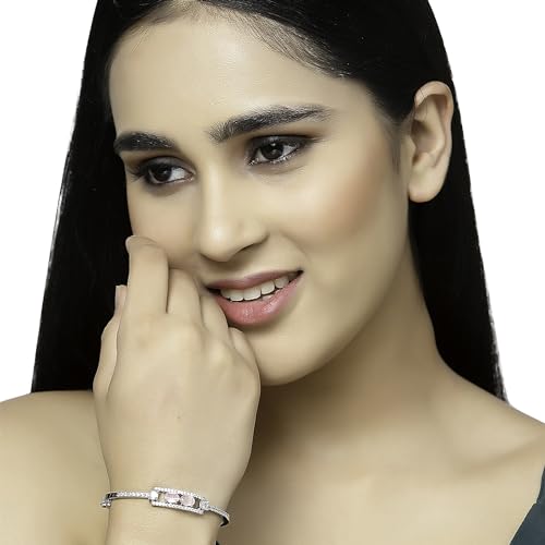 Image of ZENEME Rhodium-Plated Oval Shape American Diamond Studded Handmade Kada Bracelet For Girls and Women