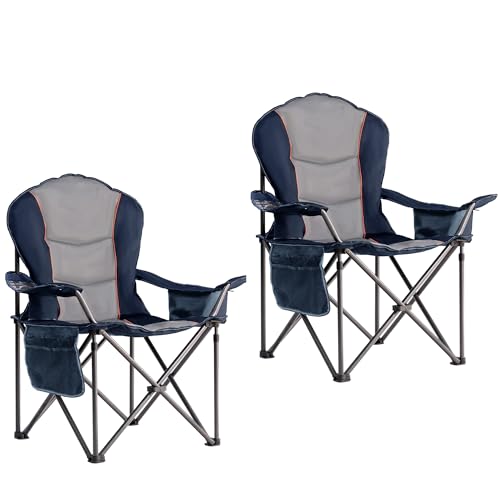 Foristrail Large Camping Chair with Side Table Heavy Duty 500LBS - Folding Outdoor Chair with Cooler Bag (Blue & Gray, 2 PCS)