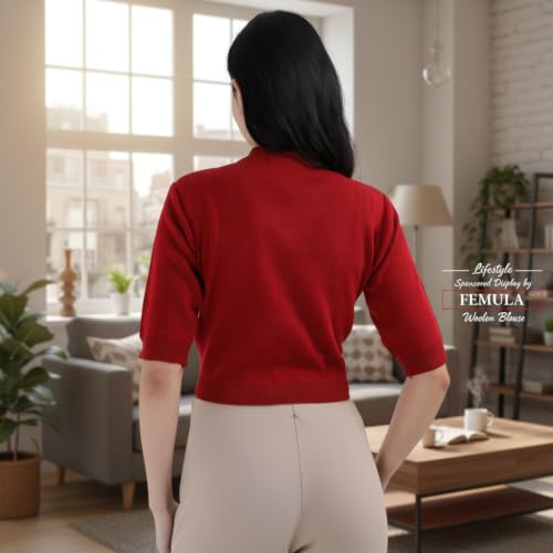 Image of Women Winter Wear V-Neck Half Sleeves Regular Fit Woollen Blouse