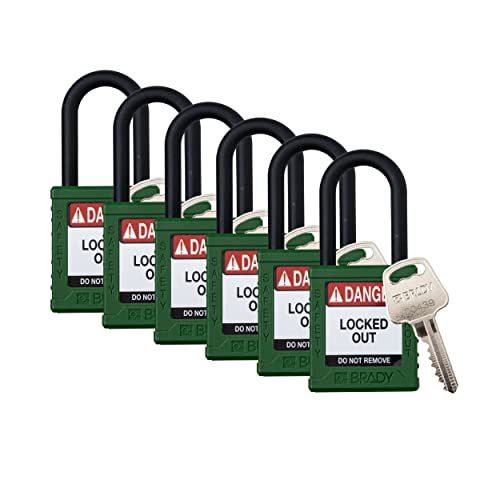 Image of Brady Safety Lockout Padlock Sets - 6 Pack - Green - Keyed Alike Safety Lockout Padlocks - 1 Key Per Lock - SDPL-GRN-38PL-KA6