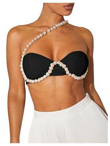 OYOANGLE Women's Pearl Beaded One Shoulder Cut Out Micro Crop Top Party Clubwear Sleeveless Tops