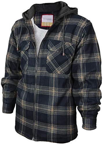 Men's Heavyweight Flannel Zip Up Fleece Lined Plaid Sherpa Hoodie Jacket (A21 - Charcoal Navy Black, 2XL)