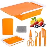 7PCS Collapsible Cutting Board Set, Foldable Camping Sink with Drain, Double-Sided Chopping Board, Kitchen Shears, Knives, Peeler, Sponge for Outdoor, BBQ, Picnic, and Home