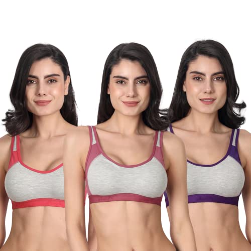 Image of Aimly Women's Cotton Non-Padded Non-Wired Full Coverage Seamless Sports Bra 28 Multicolor Pack of 3
