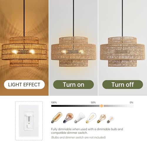 Image of 4-Light Boho Rattan Chandelier for Dining Room Light Fixture, 17.7 inch Black Rustic Pendant Light Farmhouse Hand Woven Wicker Light Fixture for Kitchen Island, Living Room, Bedroom
