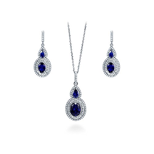 BERRICLE Rhodium Plated Sterling Silver Simulated Blue Sapphire Oval Cut Cubic Zirconia CZ Halo Bridal Bridesmaid Necklace and Earrings Set