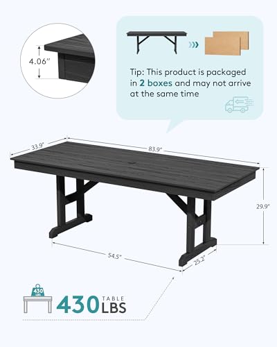 Image of SERWALL Outdoor 84 inch HDPE Dining Table with Umbrella Hole for 6-8, Black | 9-piece HDPE 84 inch dining table, Ideal for Outdoor Gathering