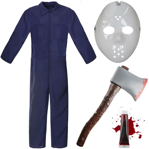 Costume de Jason pour adultes – XXL – Combinaison de chaudière bleu marine, masque de hockey blanc, hache en plastique et faux sang – Déguisement d'Halloween pour adultes