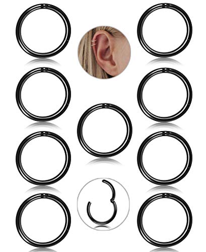 FIBO STEEL 9 Pcs Stainless Steel 16g Cartilage Hoop Earrings for Men Women Nose Hoop Ring Helix Septum Conch Daith Lip Tragus Piercing Jewelry (E1: Black 8MM)