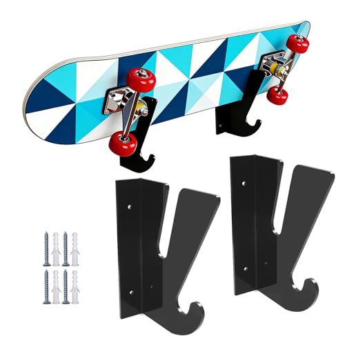 Yawfold Skateboard Wandhalterung aus stabilem Acryl 2 Stück Wanddisplay-Rack mit Aufbewahrungshaken für Longboard Skateboard Surfskates Snowboard (Schwarz)