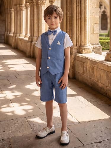 Image of Summer Boys Suit Dress Clothes Kids Wedding Ring Bearer Outfit 4Pcs Shirt Vest Shorts Set
