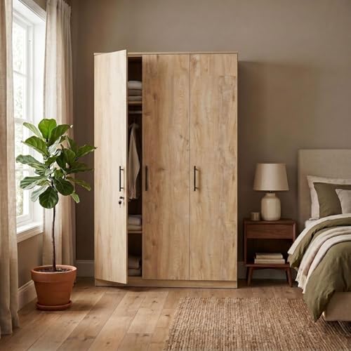Image of FFO Kavisto 3 Door Wardrobe Wooden for Bedroom with Shelves, Hanging Space & Lock, Wooden Clothes Organizer Almirah for Home, Office & Kids Room Milok DIY.