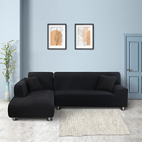Lydevo Sofabezug Ecksofa L Form Sofa Überwürfe Stretch Sofabezug L Form Rechts oder Links mit Zwei Kissenbezügen Waschbar Universal-Couchbezug L Form Sofa Cover L Shape(3 Sitzer+3 Sitzer,Schwarz)