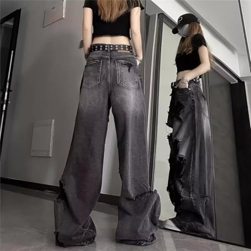 Y2K Ripped Wide Leg Jeans for Women Men, High Waisted Baggy Distressed Denim Pants, Grunge Streetwear Goth Style3