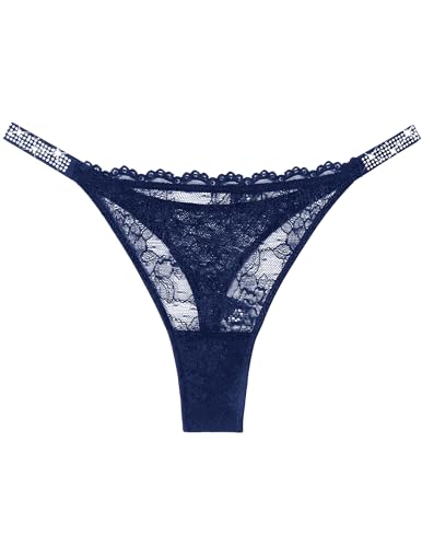 Avidlove Sexy Lace Thongs for Women Cheeky Underwear Panties T Back Low Waist See Through Panties 1 Pack XL Navy Blue