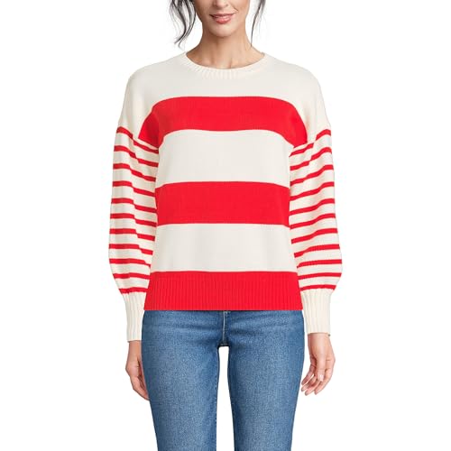 Lands' End Women's Drifter Jersey Crewneck Sweater Large Coral Red/Ivory Stripes