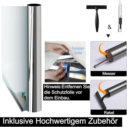 Gutsurge Hitzeschutzfolie Fenster Sonnenschutzfolie Fenster innen oder außen Fensterfolie Sonnenschutz UV Folie Fenster Hitzeschutz Spiegelfolie Fenster Sichtschutz Rückstandslose Silber