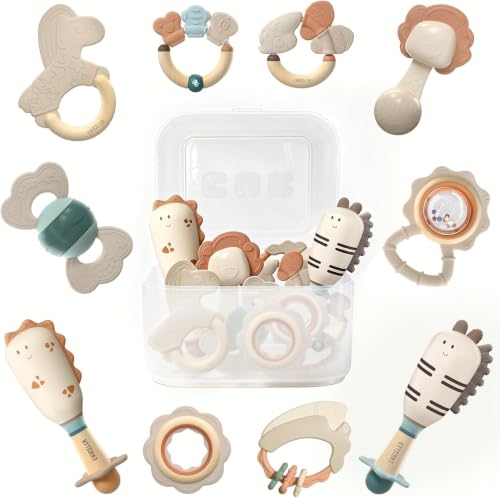 Image of Evoceler Softness Staged Baby Teething Toys with Rattles for 0-6 Months (30° Super Soft, 50° Soft, 70° Regular) -10 Pcs Shaker Toys, Food-Grade Silicone Teethers for Babies 0-18+ Months, BPA Free