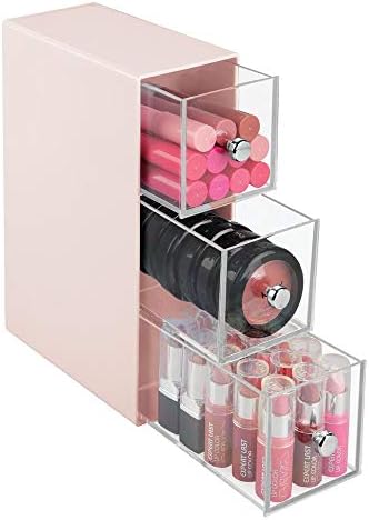 mDesign Drawer Box  Cosmetic Organiser with 3 Plastic Drawers  Practical Bathroom Organisation System for Makeup & Cosmetics  Light Pink/Clear