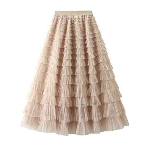 SotRong - Falda de tul para mujer, falda plisada de varias capas con cintura elástica, falda larga escalonada, tutú de malla, falda voluminosa de princesa para fiesta, A-Beige, Talla única