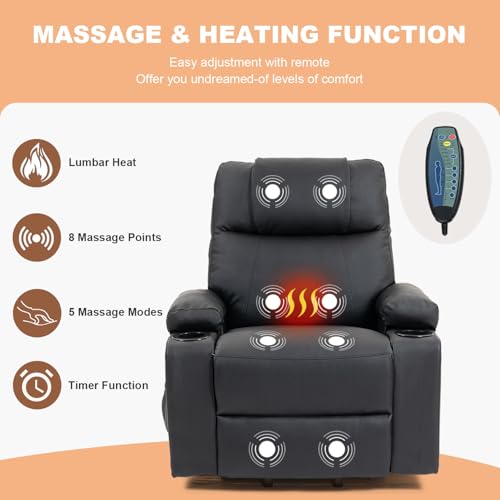 Image of Power Lift Recliner Sofa Chair, Electric Stand Assit for Elderly People, Faux Leather Reclining Chair with Cup Holders, Massage & Heat Functions, Living Room or Bedroom Furniture for Resting, Black