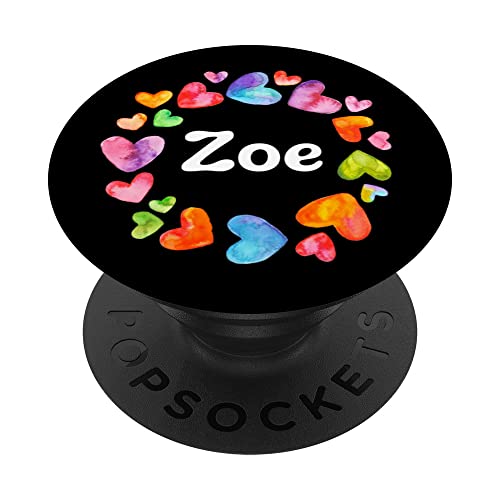 Zoe Name Personalized Rainbow Hearts Valentine's Day Cute PopSockets Swappable PopGrip, Black