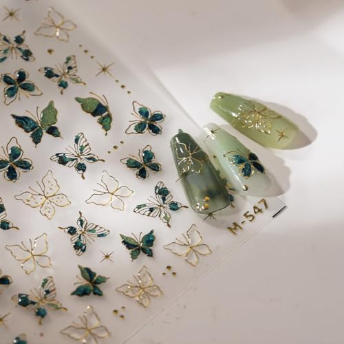 Fbabfbuo SA734 Butterfly Nail Art Stickers Decals 5D Embossed Butterfly Nail Decals 1Pcs Green Butterfly Star Gold Edge Design Butterfly Nail Stickers Bronzing Butterfly Stickers thumb #3
