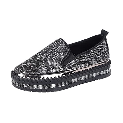 HINDOLA Women's Sparkly Fashion Sneakers Rhinestone Slip on Flatform Loafers Low Top Bling Casual Walking Shoes - Main Image