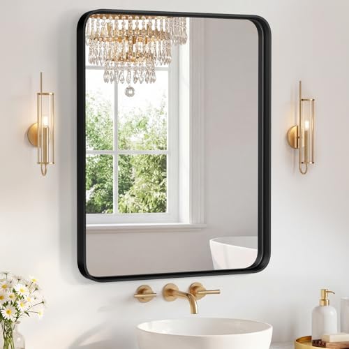 Image of Sweetcrispy Bathroom Mirror 36x28 Inch Metal Framed Rounded Rectangle Vanity Mirror for Wall, Over Sink, Farmhouse, Restroom, Anti-Rust, Modern Decorative, Horizontal or Vertical Hanging, Black