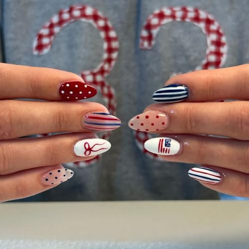 24Pcs Patriotic 4th of July Press on Nails Short Almond Independe...