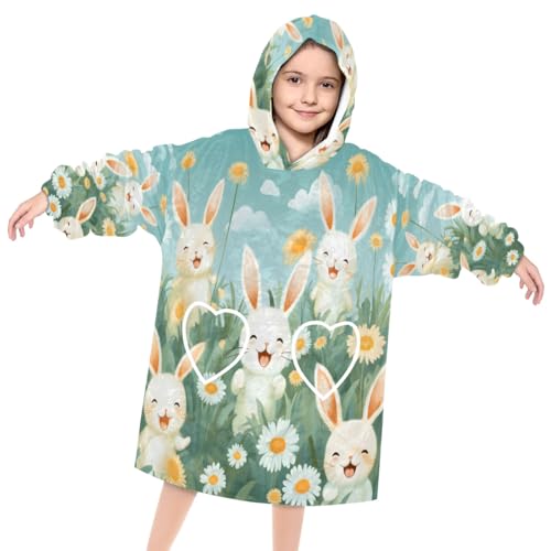 Kids Blanket Hoodie Cute Bunny Daisy Wearable Blanket Hoodie Oversized Hooded Blanket, Sweatshirt Blanket with Pockets Soft Warm Kids Hooded Blanket for Girls, Boys