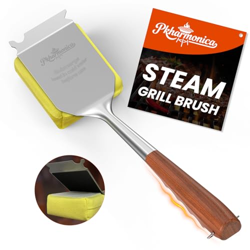 Grill Brush Bristle Free w/Replaceable Yellow Head, Enamel Safe, 17" Long Handle Grill Cleaner for Outdoor BBQ & Griddle, MAX Stainless Steel Scraper, Corner Reach for Cast Iron Steel