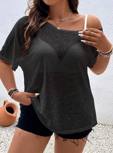 Hilinker Women's Plus Size Sheer Mesh Short Sleeve Top Sexy See Through T Shirt Off Shoulder Blouse Loose Fit4