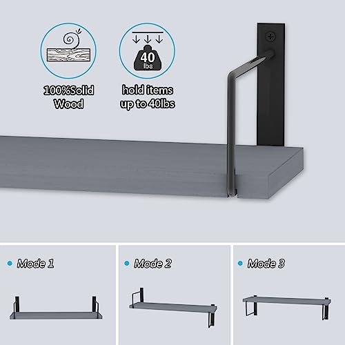 Image of Floating Shelves, 24 Inches Easy to Install Wall Mounted Shelves, Set of 3, Rustic Wood Shelves for Wall Decor, Storage Shelves for Living Room (Grey)