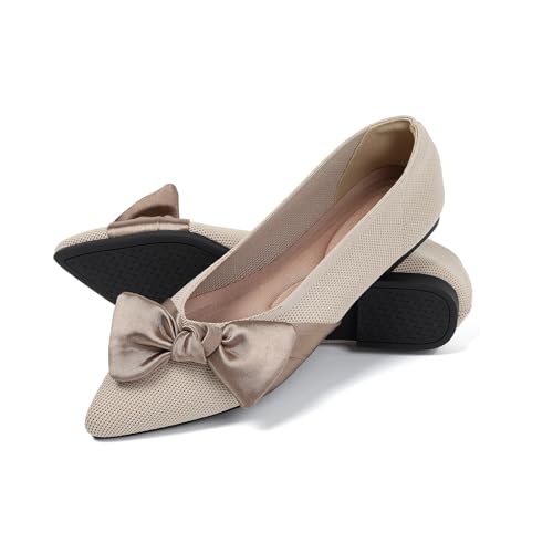 Semwiss Pointed Toe Ballet Flats for Women Slip On Comfortable Flats with Bow Dressy Casual Work Shoes Beige 10