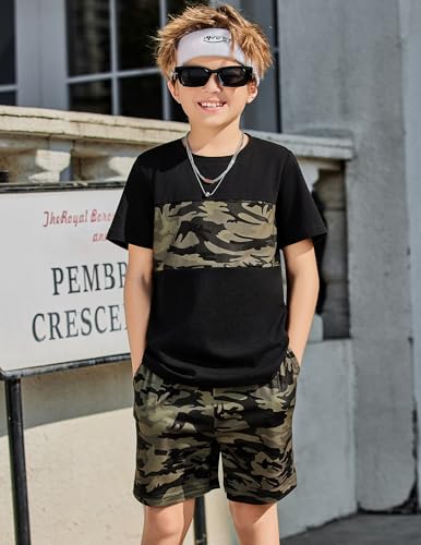 Image of Arshiner Boys' 2-Piece Cotton Outfit Color Block T-Shirt and Shorts Set Summer Camo Clothes for Kids 5-14 Years