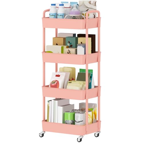 Image of Sywhitta 4-Tier Plastic Rolling Utility Cart with Handle, Multi-Functional Storage Trolley for Office, Living Room, Kitchen, Movable Storage Organizer with Wheels, Pink