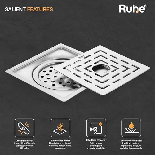 Image of Ruhe Sapphire Exclusive Square Flat Cut Floor Drain /Jali with Cockroach Trap & Hole | 304 Stainless Steel Floor Drain | 6 x 6 inches