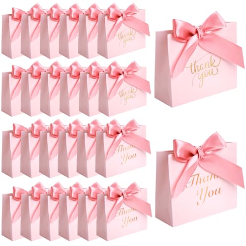 VGOODALL 24PCS Thank You Gift Bags, 4.5x3.9x1.8Inches Mini Party Favor Bags Pink small Candy Boxes with Ribbon Small Gift Boxes for Wedding Bridal Baby Shower Birthday Party