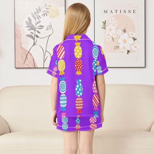 Satin Pajama Sets Short Sleeve Candy Bright Colorful Button Down Silky Nightwear 2 Piece PJS 5-14Y3