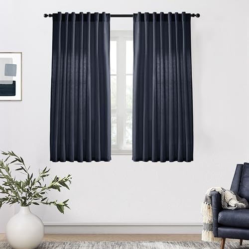 Image of XTMYI Navy Blue Short Length Curtains for Windows,Linen Sheer Cutains for Bedroom Kitchen,45 Inch Long