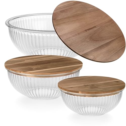Set de 3 tazones de vidrio apilables con tapas de acacia miniatura 1
