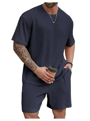 QUNERY Ensemble Homme Ete Survêtement Jogging 2 Pièces Tracksuit T-shirt + Short avec Poches Vacances Plage Costumes Bleu Marine M