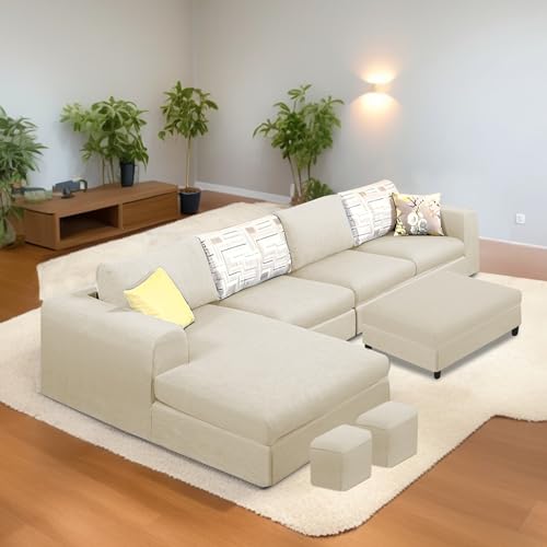 Image of Koza LHS 8 Seater L Shape Sofa Set with Center Table for Living Room (Cream Fabric) Premium Fabric Sofa